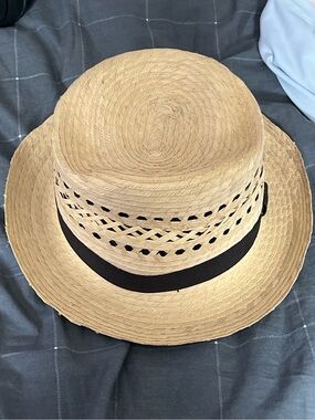 Woven Straw Fedora Hat Tan Black Band Summer Beach Sun Hat